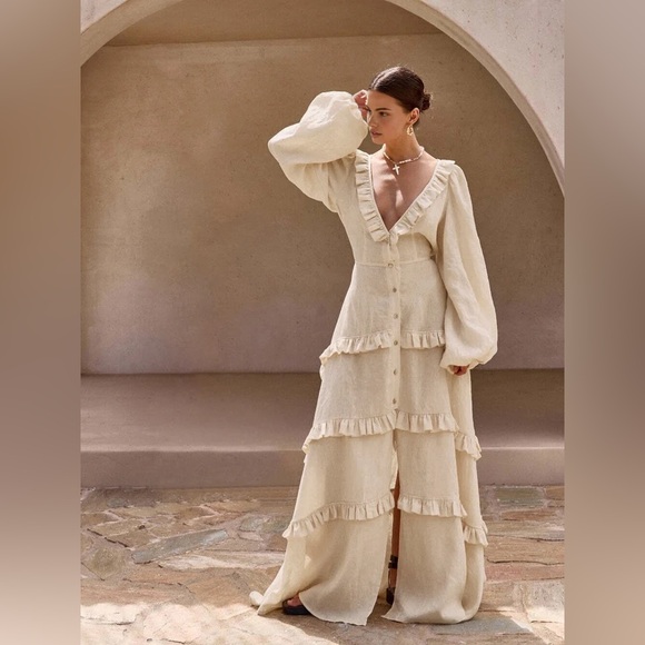 Commense Cotton & Linen Semi-Sheer Ruffle Trim Long Dress - Picture 3 of 16